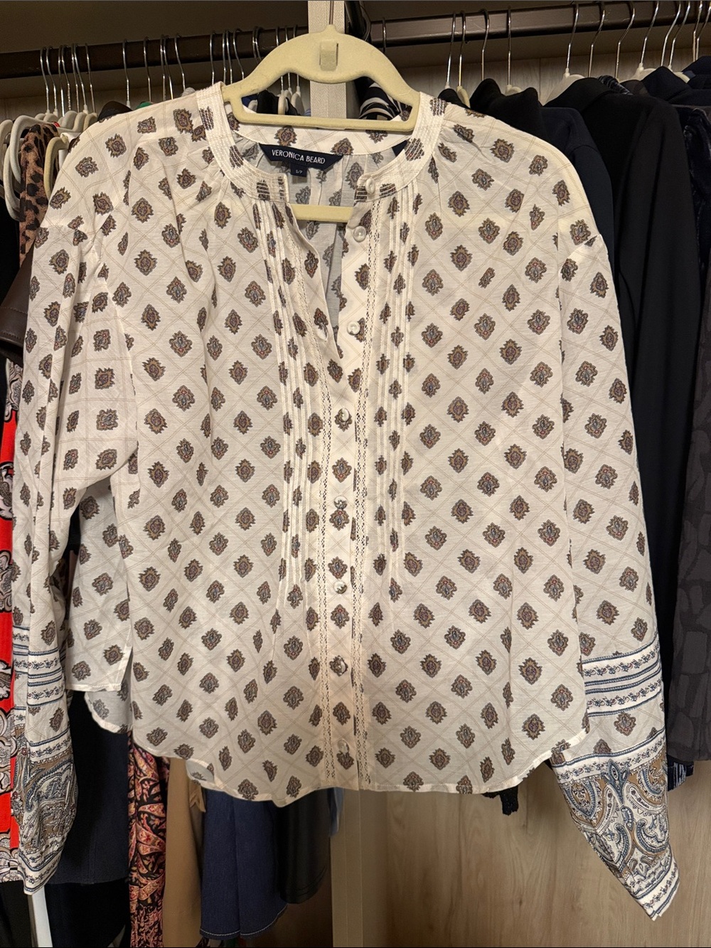 Veronica Beard White Blouse with Brown Medallion Print